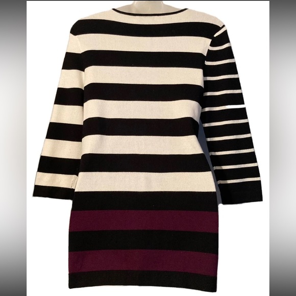 WHBM Womens Burgundy Black White Striped V-Neck Zip Cardigan Sweater - Picture 3 of 3